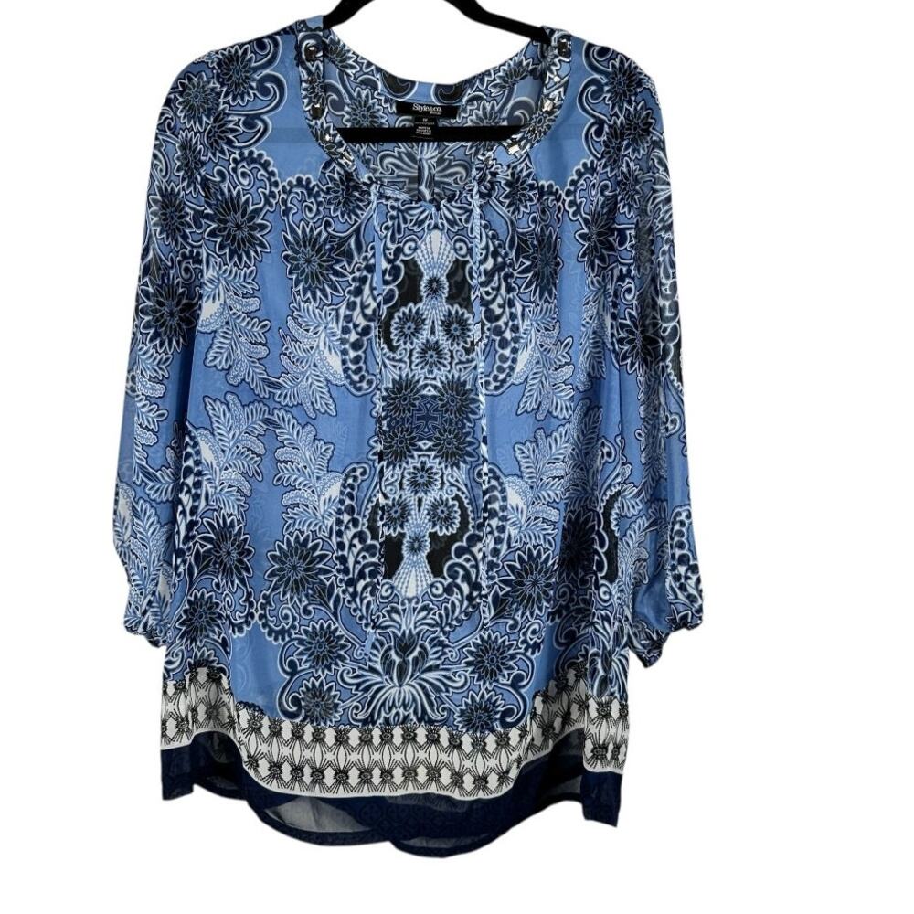 Style & Co Blue Black White With Floral Deszign Woman Top Size 1X